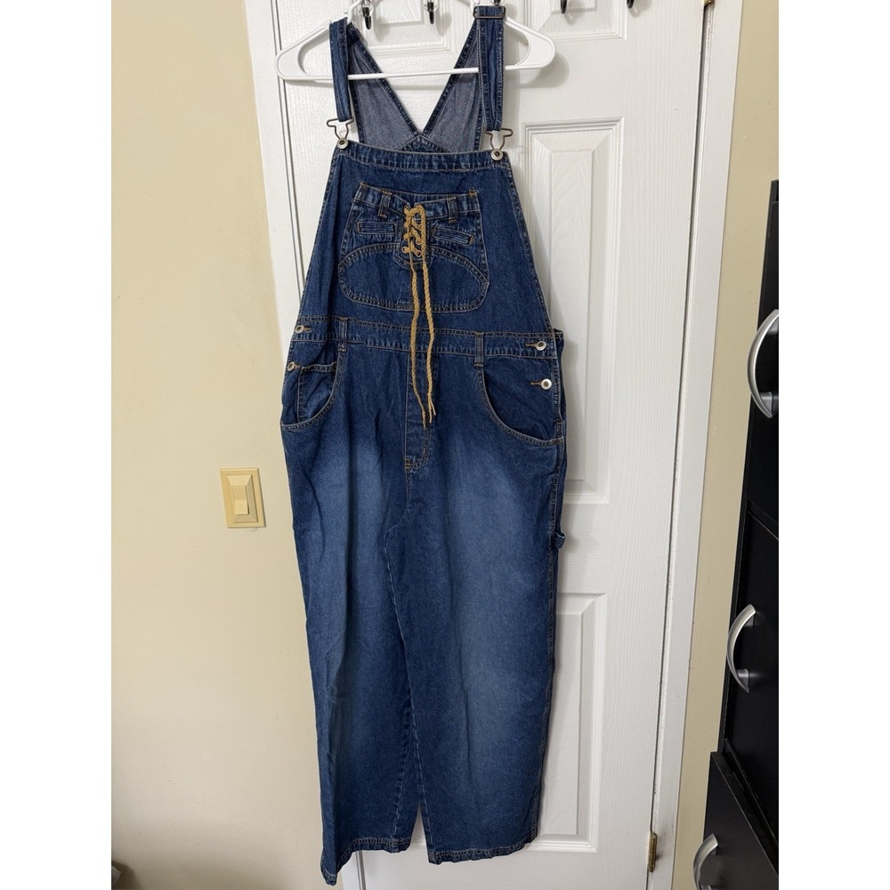 Vtg Carolina Blue Women's XL Denim Bib Overalls Lace-up Pocket Carpenter Y2K 90s